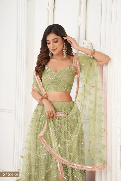 Lehenga Choli Vert Pistache en Tulle | Broderies de Fils, Miroirs et Sequins