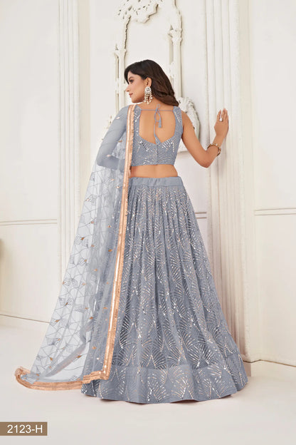 Lehenga Choli en filet gris clair avec broderie au fil, travail de miroirs et broderie de sequins
