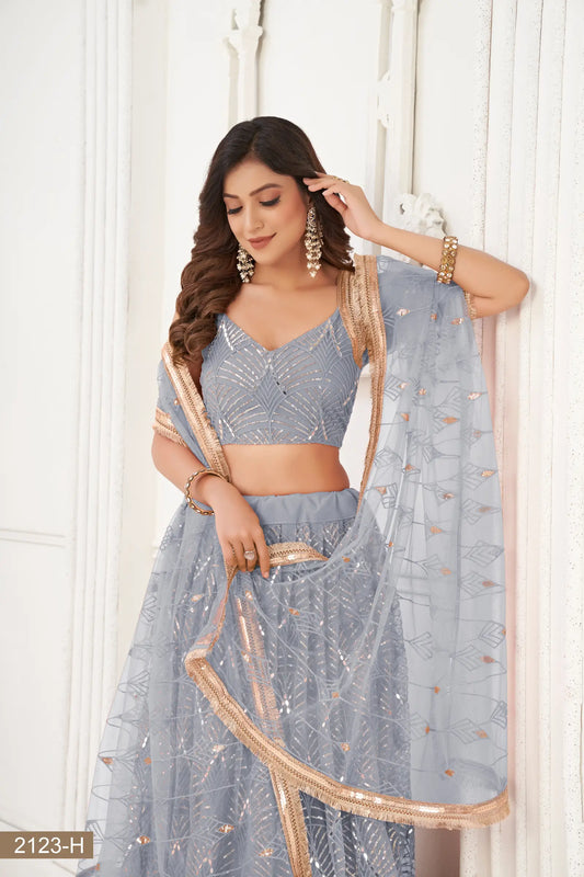 Lehenga Choli en filet gris clair avec broderie au fil, travail de miroirs et broderie de sequins