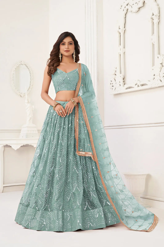 Lehenga Choli en filet bleu océan avec broderie au fil, travail de miroirs et broderie de sequins