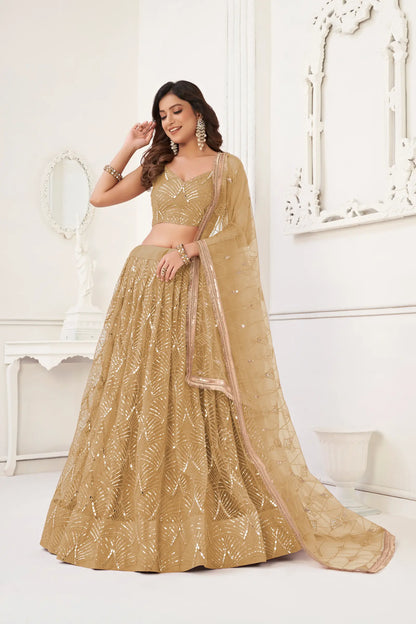 Lehenga Choli en filet beige foncé avec broderie au fil, travail de miroirs et broderie de sequins