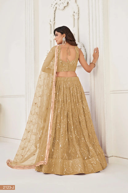 Lehenga Choli en filet beige foncé avec broderie au fil, travail de miroirs et broderie de sequins