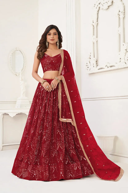 Lehenga Choli en filet rouge bordeaux avec broderie au fil, travail de miroirs et broderie de sequins