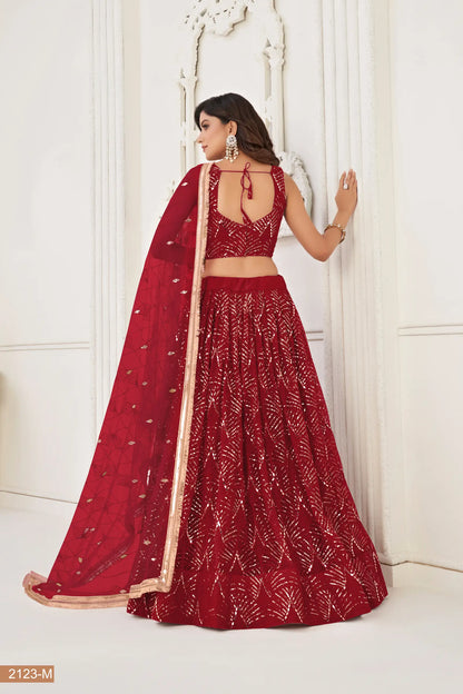 Lehenga Choli en filet rouge bordeaux avec broderie au fil, travail de miroirs et broderie de sequins