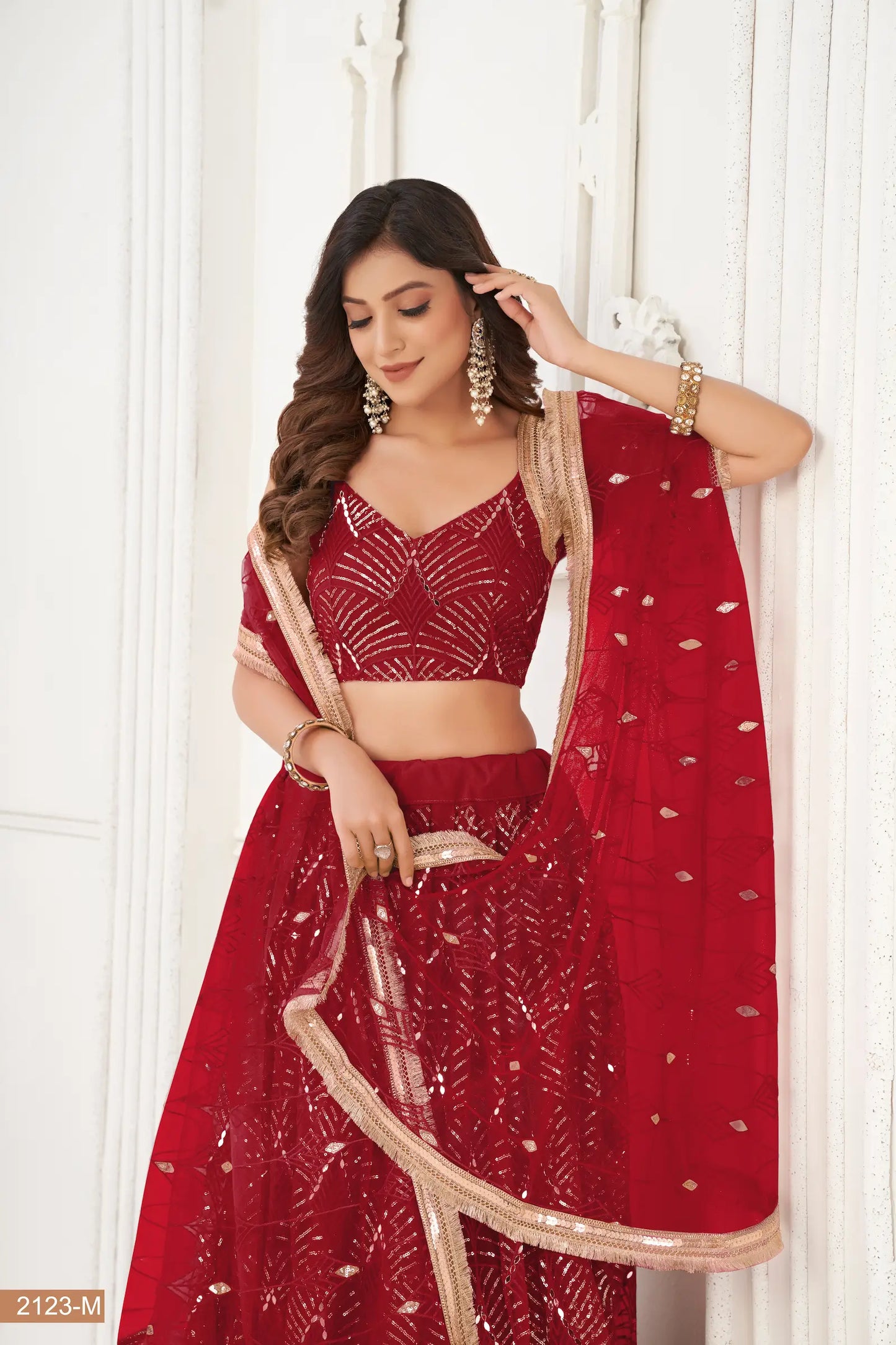 Lehenga Choli en filet rouge bordeaux avec broderie au fil, travail de miroirs et broderie de sequins