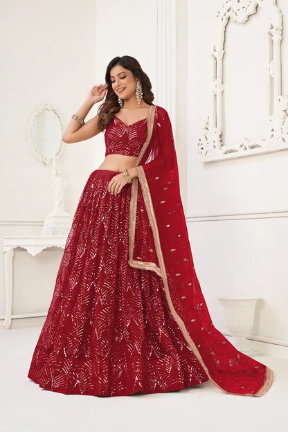 Lehenga Choli en filet rouge bordeaux avec broderie au fil, travail de miroirs et broderie de sequins