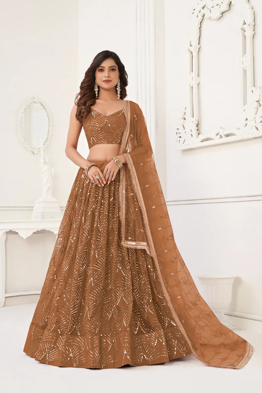 Lehenga Choli en filet marron avec broderie en fil, travail de miroirs et broderie de sequins