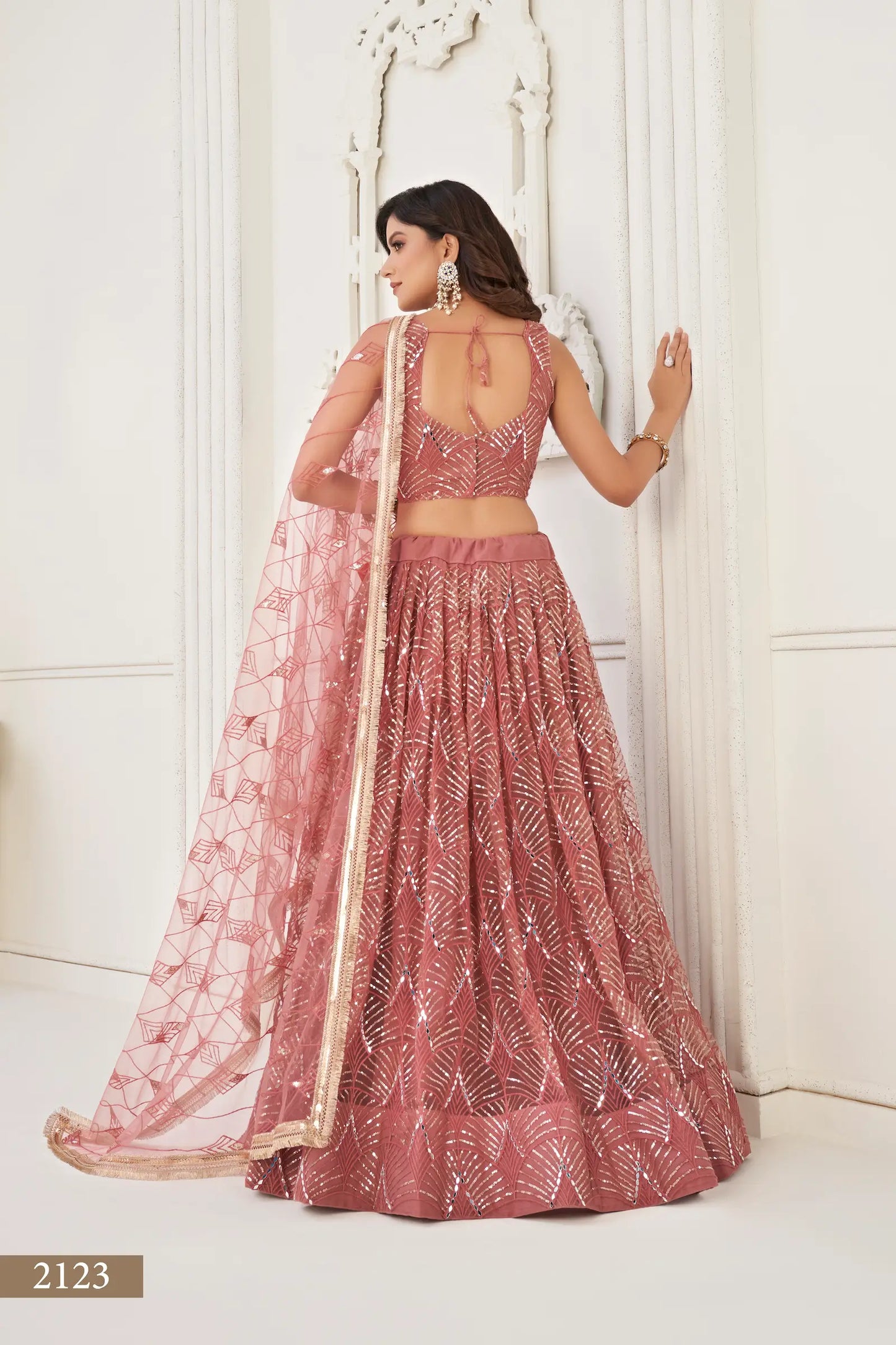 Lehenga Choli Rose Poudré Antique | Robe Indienne en Tulle | Broderies et Miroirs