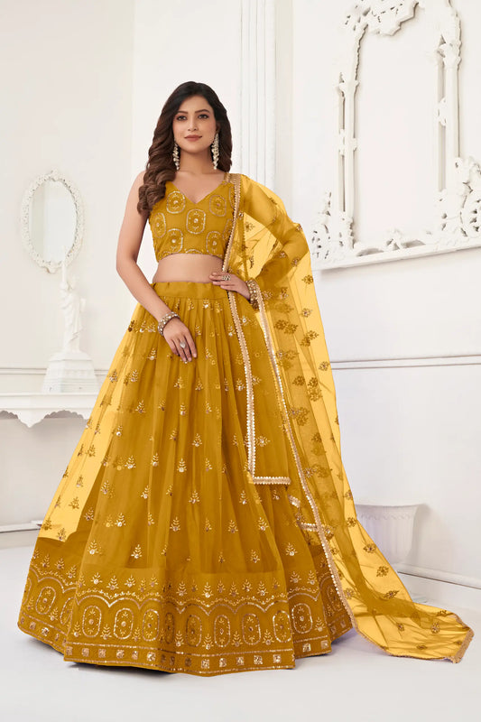 Lehenga Choli en filet moutarde avec broderie en fil et travail de sequins