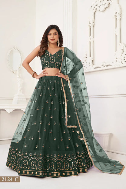 Lehenga Choli en filet vert foncé avec broderie en fil et broderie de sequins