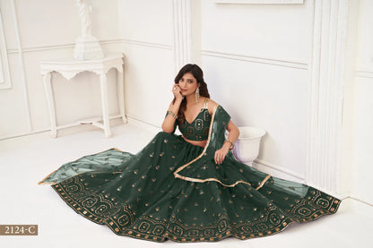 Lehenga Choli en filet vert foncé avec broderie en fil et broderie de sequins