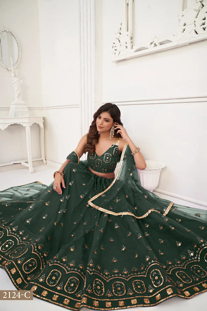 Lehenga Choli en filet vert foncé avec broderie en fil et broderie de sequins