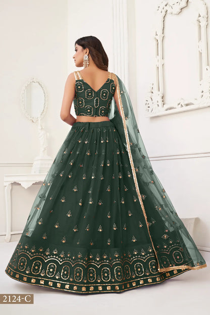 Lehenga Choli en filet vert foncé avec broderie en fil et broderie de sequins