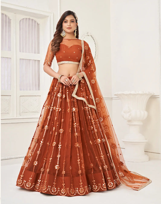 Lehenga Choli Marron en Tulle avec Broderie au Fil, Miroirs en Papier et Dentelle Élégante