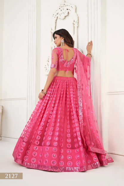 Tenue Indienne Rose fuschia vif | Lehenga Choli de Cérémonie | Robe de Mariage en Tulle avec Broderies Délicates