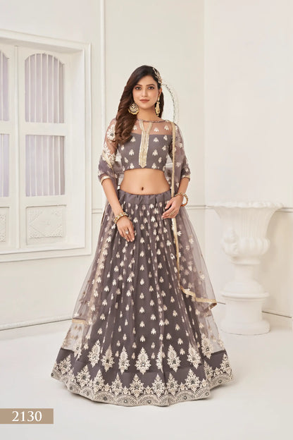 Metallic Grey Lehenga Choli Set | Tulle with Cotton and Sequin Embroidery
