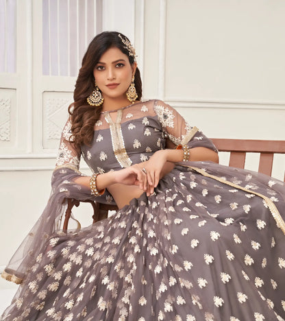 Metallic Grey Lehenga Choli Set | Tulle with Cotton and Sequin Embroidery