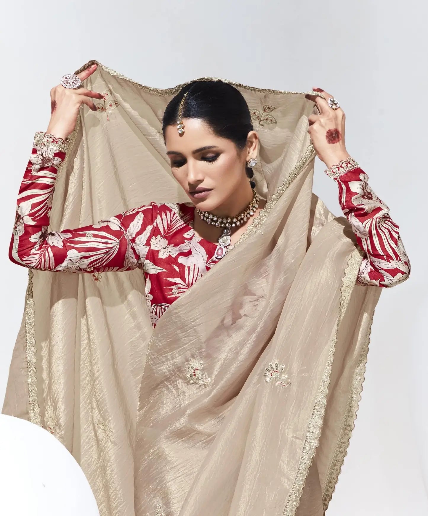 Sari beige en organza de verre avec imprimé numérique, broderie au fil et aux sequins