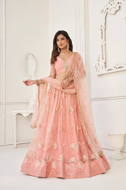 Lehenga Choli de fête Pêche | Tulle avec Broderies Coton et Sequins