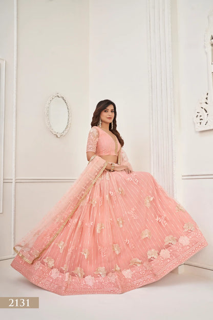 Lehenga Choli de fête Pêche | Tulle avec Broderies Coton et Sequins