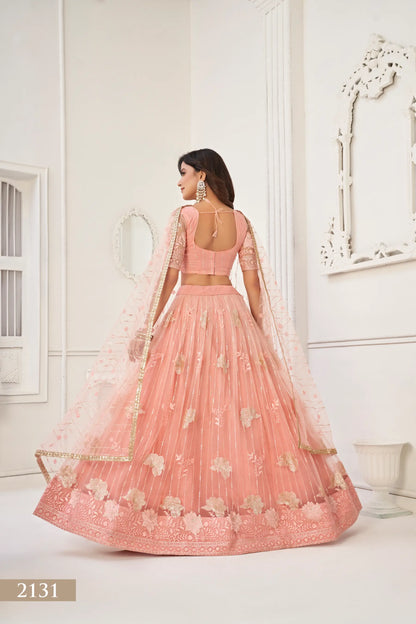 Lehenga Choli de fête Pêche | Tulle avec Broderies Coton et Sequins