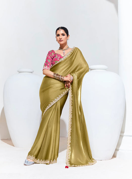 Sari vert olive en organza de verre avec imprimé numérique, broderie au fil et aux sequins