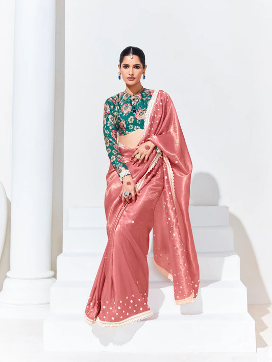 Sari pêche rose en organza de verre avec imprimé numérique, broderie au fil et aux sequins
