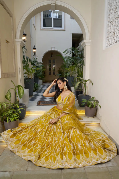 Mustard Yellow Lehenga Choli Set | Tulle with Cotton and Sequin Embroidery | Busy Design for Occasions