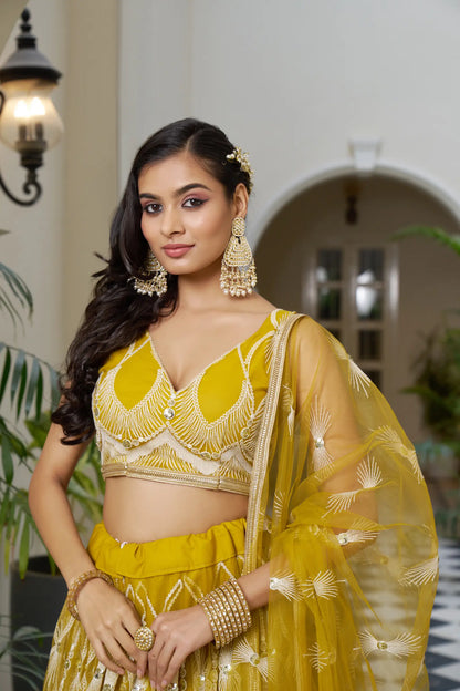 Mustard Yellow Lehenga Choli Set | Tulle with Cotton and Sequin Embroidery | Busy Design for Occasions