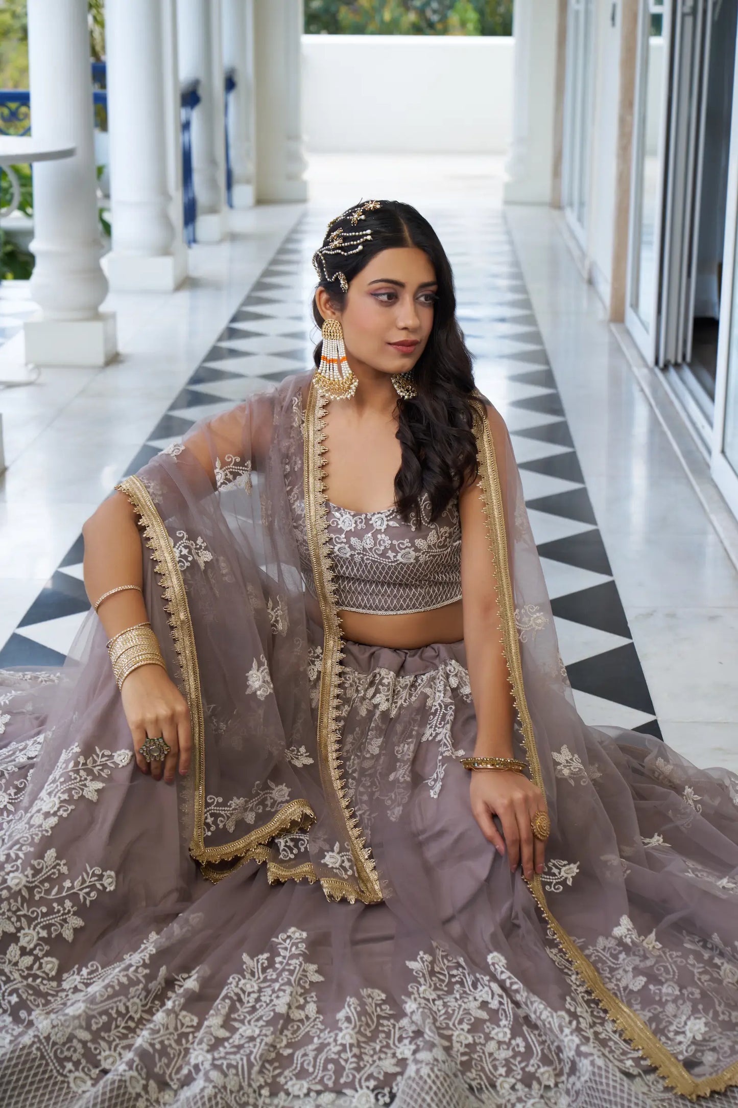 Lehenga Choli Rose Poudré | Tulle avec Broderies Coton et Sequins