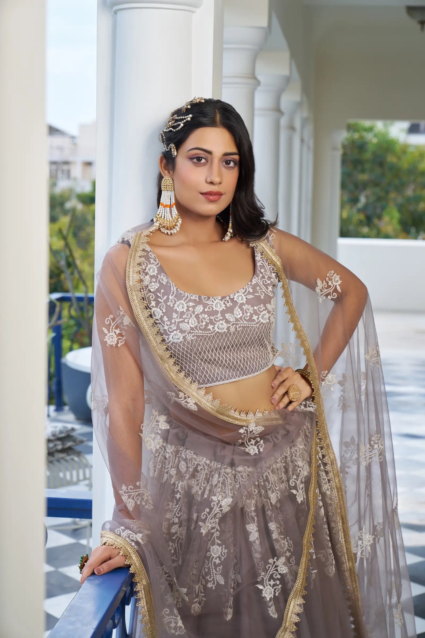 Lehenga Choli Rose Poudré | Tulle avec Broderies Coton et Sequins