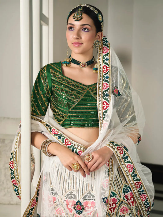 White and green silk lehenga choli with thread embroidery and sequins