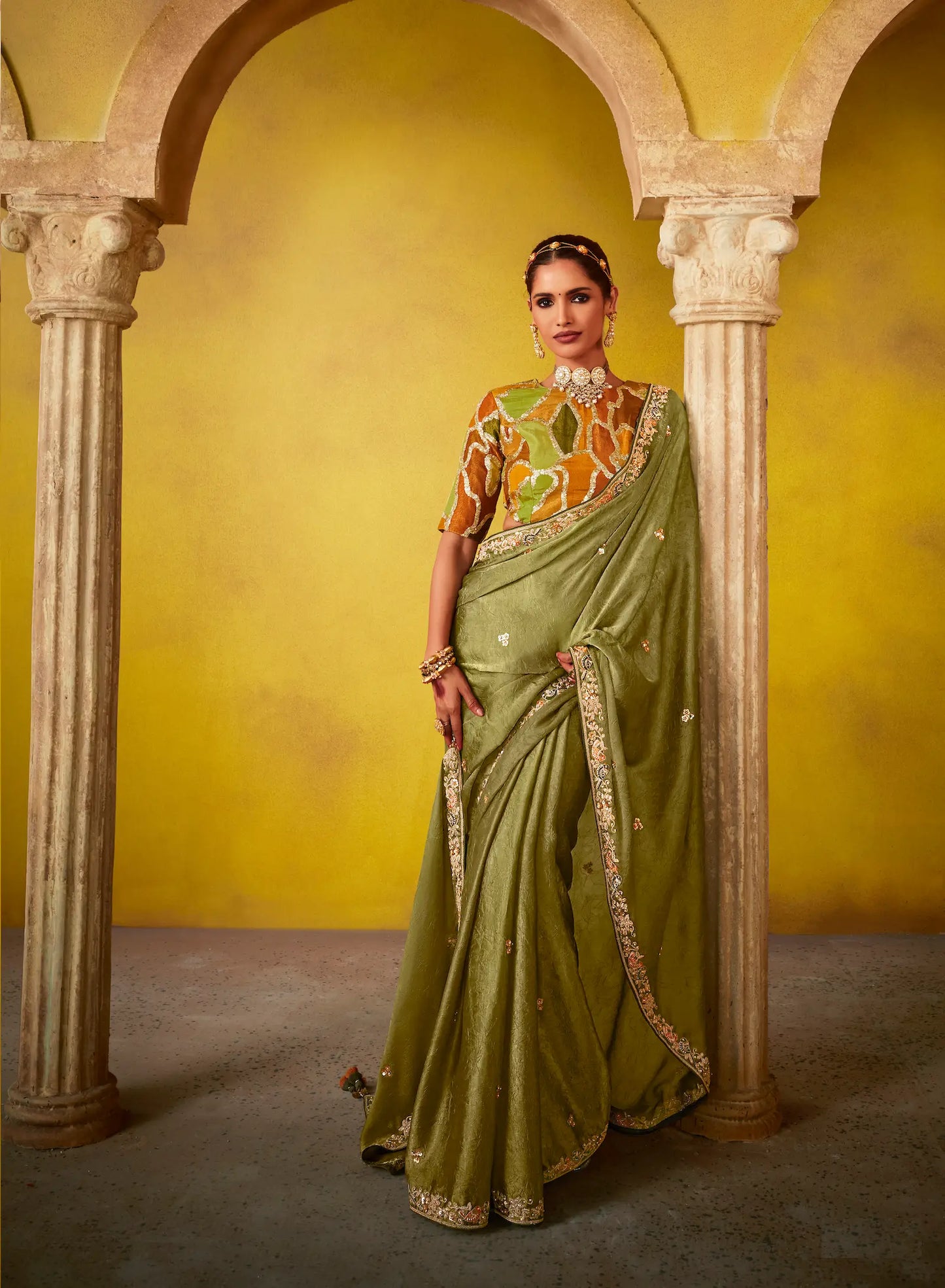 Olive green glass silk fabric sari with multi-colored orange blouse with digital print, sequin and thread embroidery