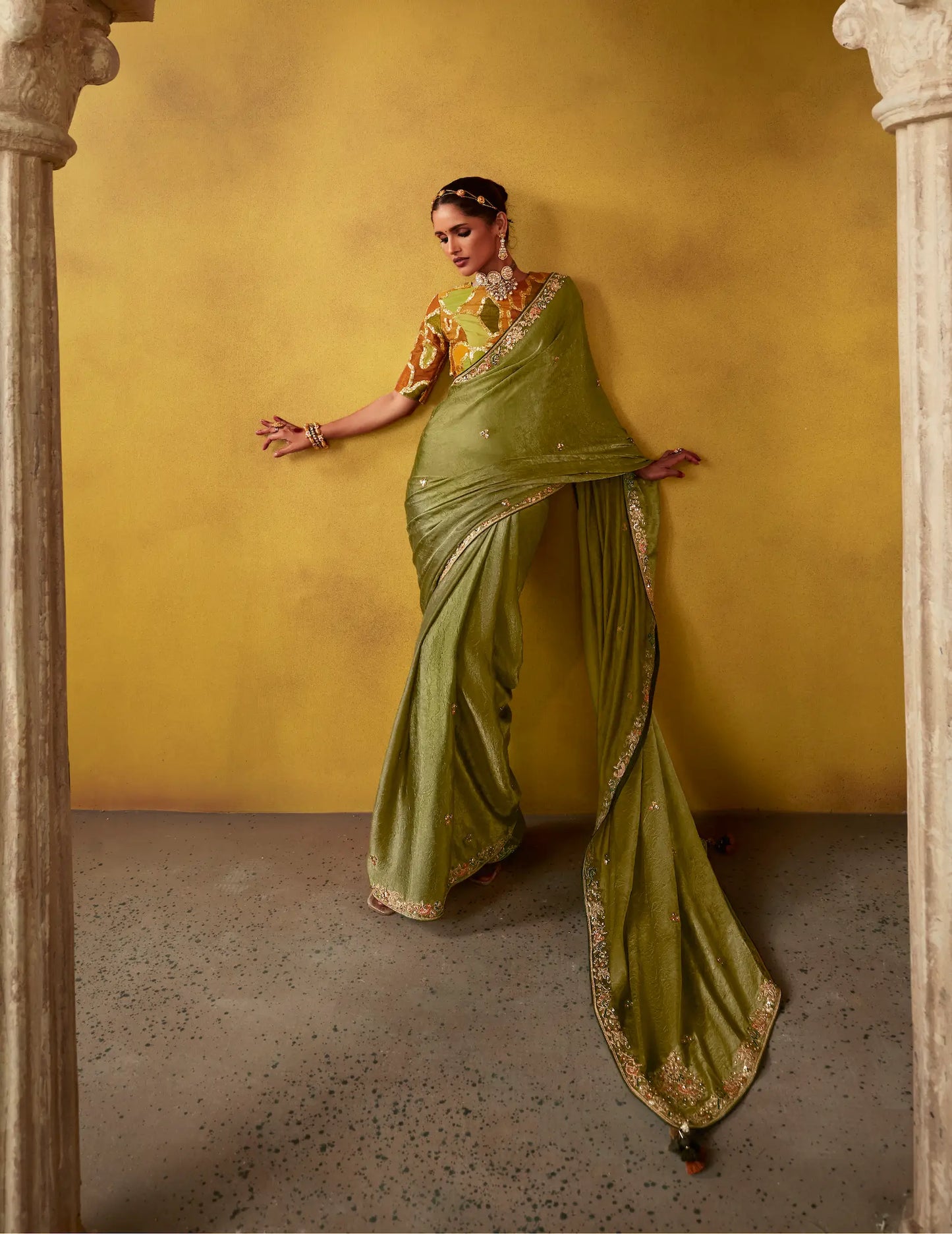 Olive green glass silk fabric sari with multi-colored orange blouse with digital print, sequin and thread embroidery