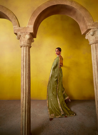 Olive green glass silk fabric sari with multi-colored orange blouse with digital print, sequin and thread embroidery