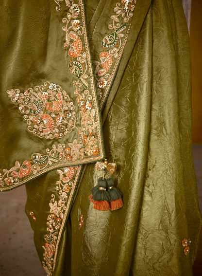 Olive green glass silk fabric sari with multi-colored orange blouse with digital print, sequin and thread embroidery