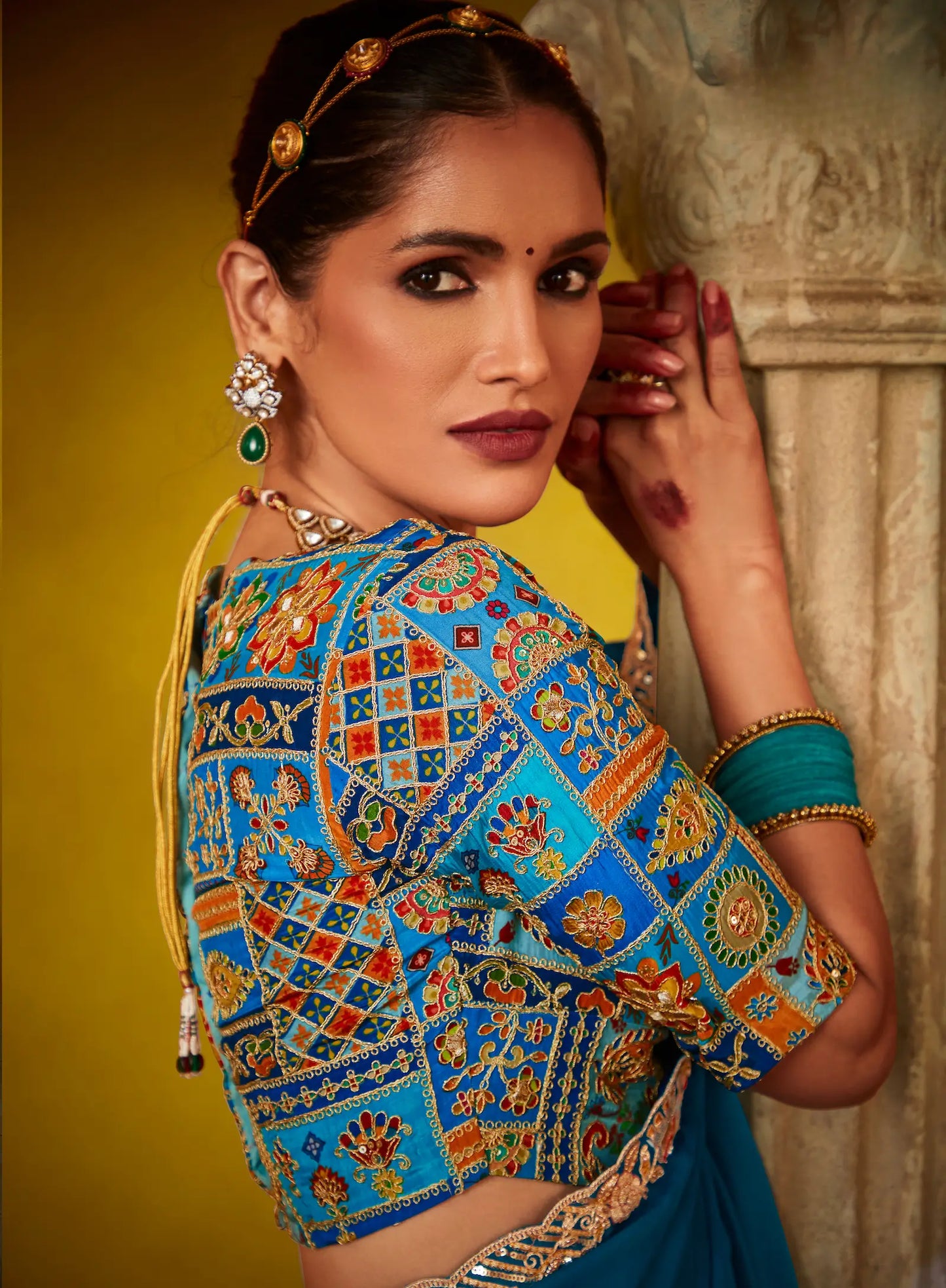 Teal blue glass silk fabric sari with multi-color blue blouse and digital print, sequin and thread embroidery