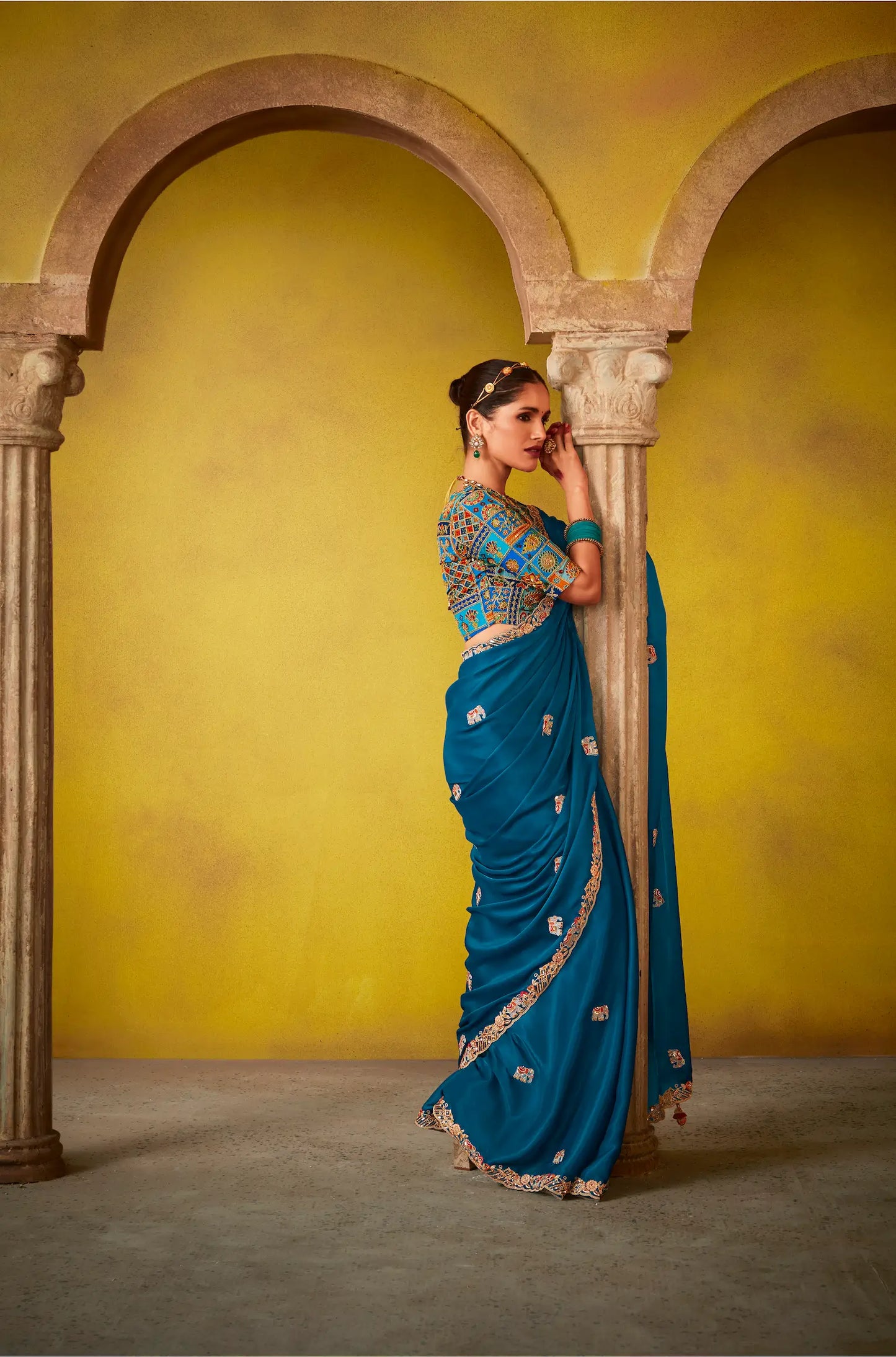 Teal blue glass silk fabric sari with multi-color blue blouse and digital print, sequin and thread embroidery
