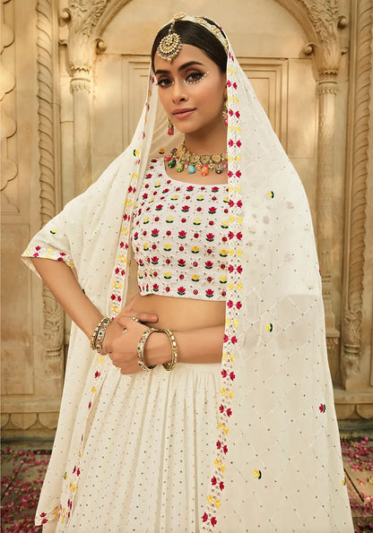 Off-white georgette lehenga choli with thread embroidery and sequins