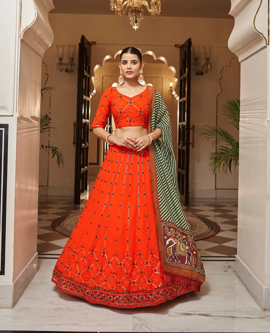 Lehenga Choli orange-vert en georgette, orné de broderies au fil et de sequins
