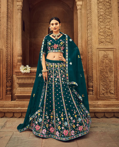 Rich teal blue georgette lehenga choli with thread embroidery and sequins