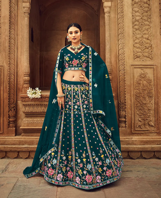 Lehenga Choli bleu sarcelle riche en georgette, orné de broderies au fil et de sequins