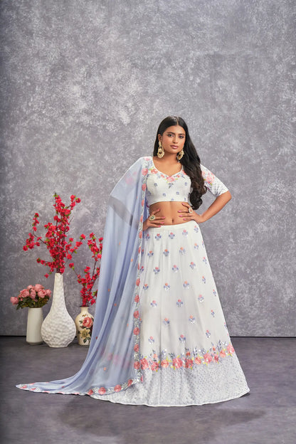 Snow white georgette lehenga choli with thread embroidery and sequins