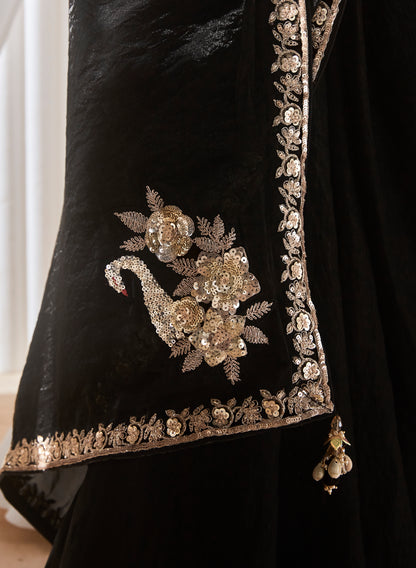 Sari moderne noir et beige clair en tissu fantaisie et dentelle COLLECTION KANIKA