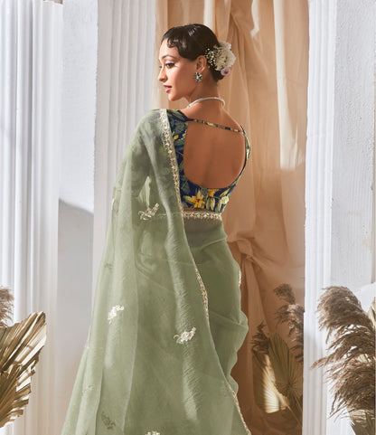 Grüner Glasseiden-Sari mit mehrfarbiger roter Blumenbluse und Digitaldruck, Pailletten- und Fadenstickerei