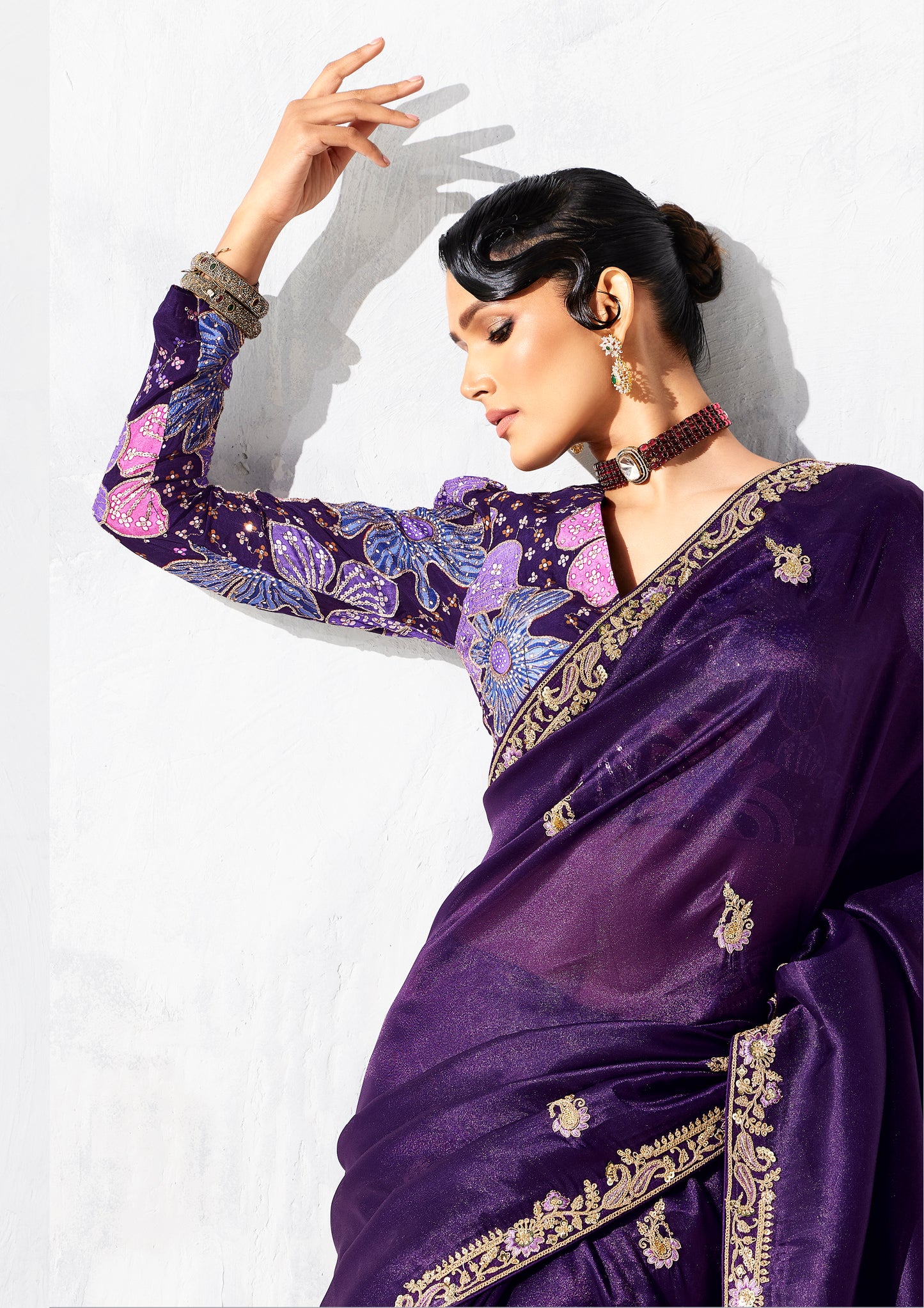 Sari violet glam organza fantaisie avec broderies COLLECTION LEYAA