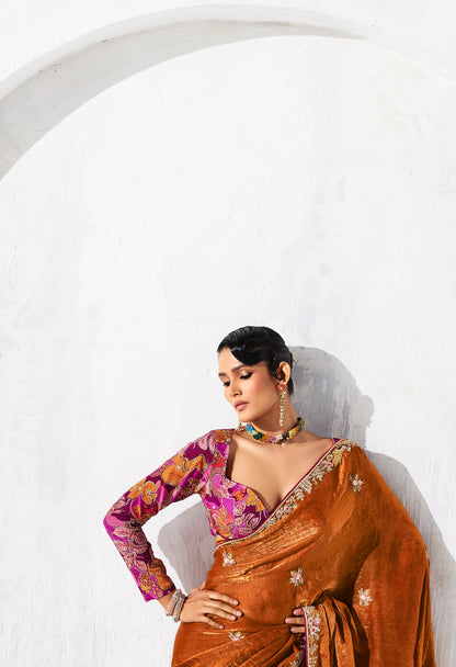 Sari orange glam organza fantaisie avec broderies COLLECTION LEYAA