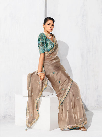 Sari marron gris glam organza fantaisie avec broderies COLLECTION LEYAA