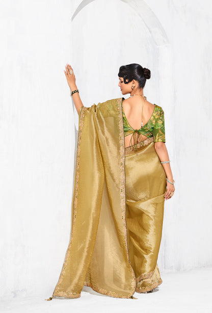 Sari jaune dusty glam organza fantaisie avec broderies COLLECTION LEYAA