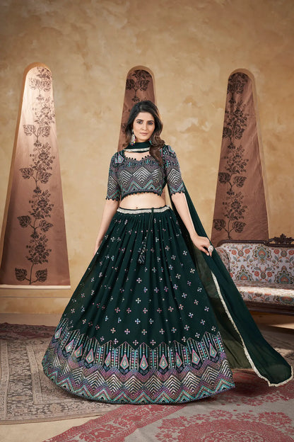 Ensemble Lehenga Vert Émeraude | Georgette avec Motifs Métallisés